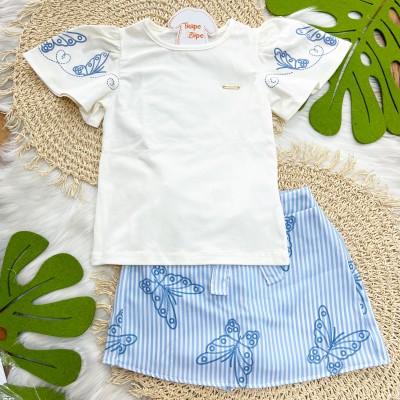 Conj Blusa Off e Shorts Saia Listrado com Borboletas